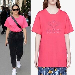 NWT Gucci T-Shirt Embroidered Tennis Cotton Jersey Tee in Rose Pink Size S